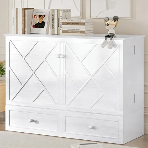 Vista 10 de Mjkone Murphy - Cama Queen con colchón incluido, cama Murphy con estación de carga USB y cajón de almacenamiento, armario móvil Murphy para sala
