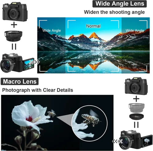 Vista 6 de Cámara digital 4K para vlogging de YouTube, zoom manual de 56 MP 16X, cámara compacta de fotografía con gran angular de 2.047 in y lente macro