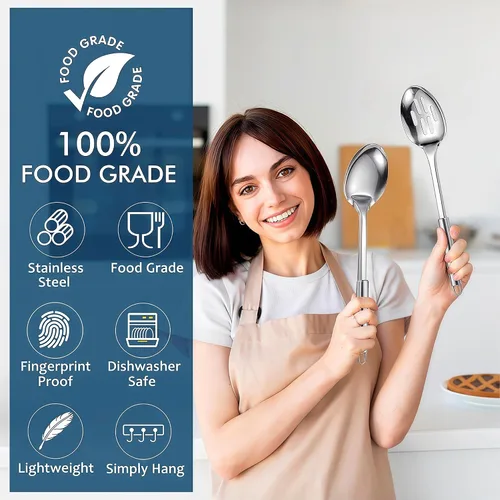 Vista 3 de Juego de 2 cucharas de cocina grandes, cuchara de servir de acero inoxidable y cuchara ranurada para cocinar, cucharas largas resistentes al calor