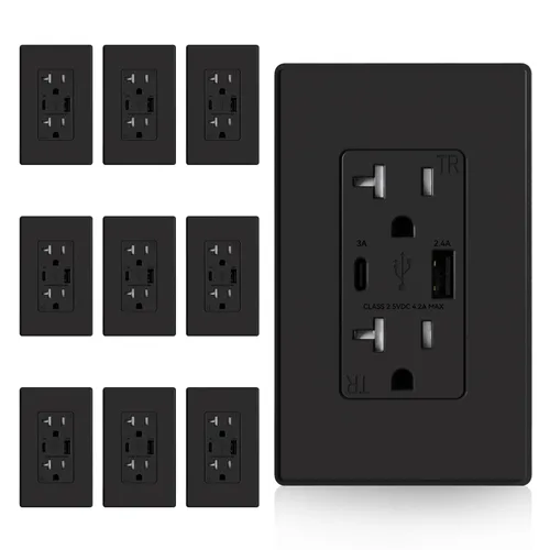 Vista 21 de ELEGRP Cargador USB de pared, receptáculo USB con puertos USB tipo A y tipo C, enchufe dúplex de 15 amperios resistente a manipulaciones NEMA 5-15R