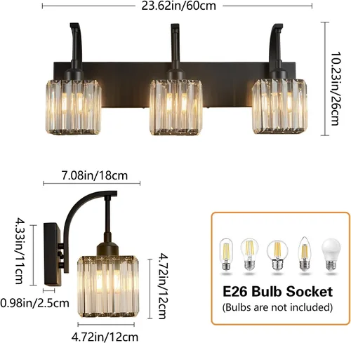 Vista 4 de Luces de tocador de cristal de 3 luces negras para tocador de baño, modernas lámparas de baño de cristal sobre espejo de 23.62 pulgadas de largo