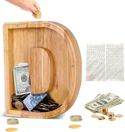 Vista 11 de Alcancía de Madera Personalizada con Letras del Alfabeto, Banco de Monedas con Letras del Alfabeto para Niños, Niñas y Bebés, Tamaño Grande, 26