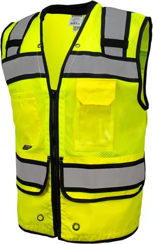 Vista 7 de SU350G Surveyors Clase 2 - Chaleco de seguridad con bolsillos para tablet y acolchado para el cuello, cumple con la norma ANSI/ISEA 107-2015, Verde
