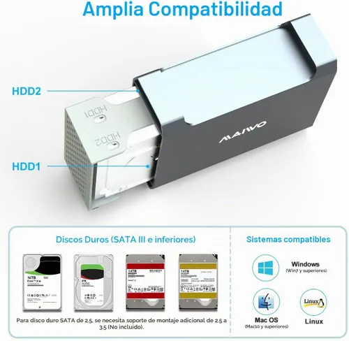Vista 5 de MAIWO Caja RAID de doble bahía para disco duro SATA de 3.5" con ventilador de refrigeración, carcasa SATA USB 3.1 tipo C con 4 modos de incursión