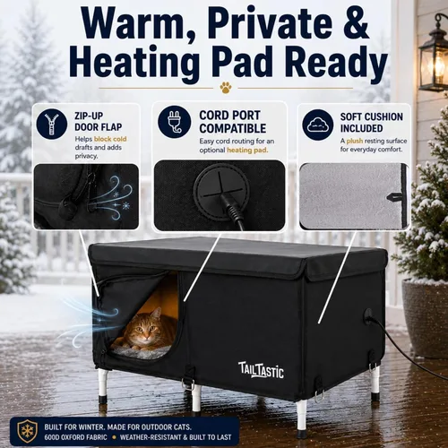 Vista 5 de Tailtastic Casa para gatos al aire libre, soporte extraíble impermeable para gatos callejeros refugio