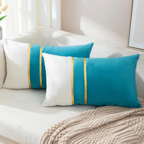 Vista 25 de ZLINA Juego de 2 fundas de almohada decorativas de terciopelo verde aguamarina y blanco con parches y cuero dorado de 16 × 16 pulgadas, fundas