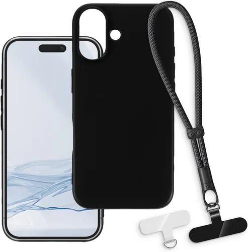 Vista 7 de Funda y correa de muñeca para iPhone 16 - transparente+negro Funda protectora 2 en 1 para teléfono de 6.1 pulgadas con cordón desmontable y Funda