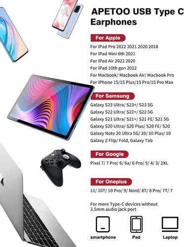 Vista 5 de APETOO Auriculares USB C para iPhone 15, 16 Pro Max, Samsung S21, S22, S23, S24, Ultra Flip Fold A55, A54, A9, cancelación de ruido, auriculares