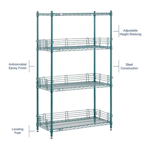 Vista 6 de Nexel Estantería de alambre ajustable Poly-Green, 4 niveles, organizador de almacenamiento comercial resistente, 18 x 54 x 74 pulgadas, verde