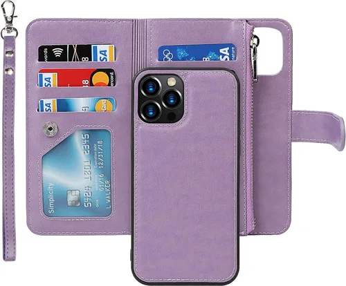 Vista 13 de iCoverCase Compatible con iPhone 13 Pro Wallet Funda para teléfono con tarjetero de piel sintética, bolsillo con cremallera, magnética, desmontable