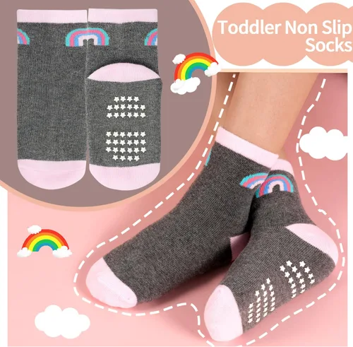 Vista 2 de Calcetines antideslizantes para niños pequeños, 15 pares, calcetines de agarre para niñas y niños de 0 a 7 años, calcetines suaves de dibujos