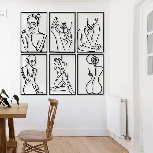 Vista 4 de Cindeer Arte abstracto moderno para pared, 6 piezas de escultura colgante de metal, arte de línea femenina para dormitorio, decoración de sala