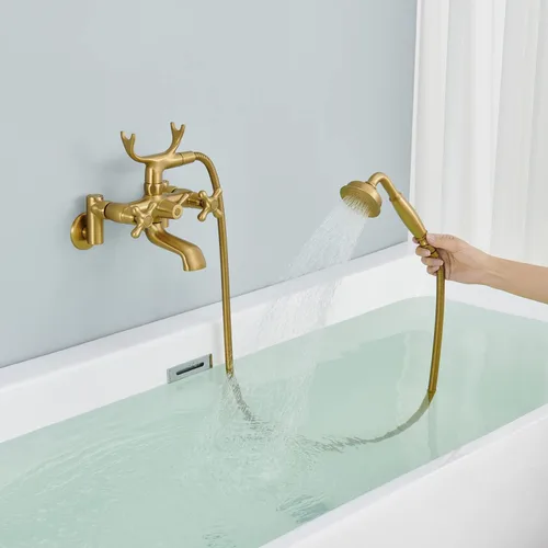Vista 4 de Clawfoot - Grifo de bañera de montaje en pared, grifos de bañera de oro cepillado con ducha de mano, con forma de teléfono vintage, ajustable de 3 a