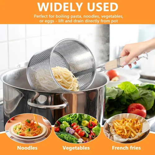 Vista 2 de Angoily Colador de pasta de malla de 1 galón de acero inoxidable de 6.5 pulgadas de profundidad, colador de olla caliente con mango de madera, 3.7 L