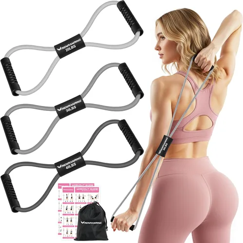 Vista 8 de RENRANRING Bandas de Resistencia de Fitness en Forma de 8 con Asas - Juego de 3 Bandas de Tubo de Ejercicio para Estiramiento de Brazos y Hombros
