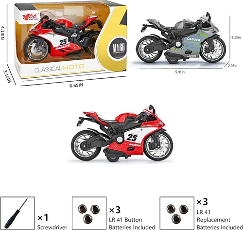 Vista 2 de Modelo de motocicleta de tracción hacia atrás, motocicleta de juguete a escala 1:12, juguete de motocicleta con luz y música para niños y niñas