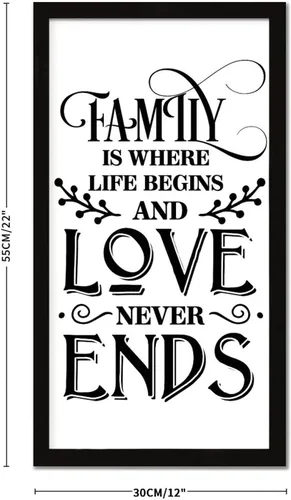 Vista 2 de Letrero de madera de 22 x 12 pulgadas con texto en inglés "Positive Saying Family is Where Life Begins and Love Never Ends Scripture Versículos