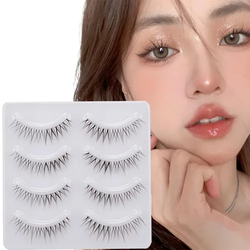 Vista 6 de Pestañas postizas de aspecto natural, 4 pares de pestañas postizas naturales, suaves, ligeras, cómodas, cortas, banda cruzada, hechas a mano