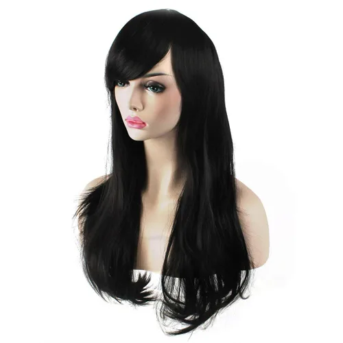 Vista 4 de Peluca de cosplay para mujeres con gorra, peluca de 28in largo y ondulado resistente al calor de AKStor, Negro