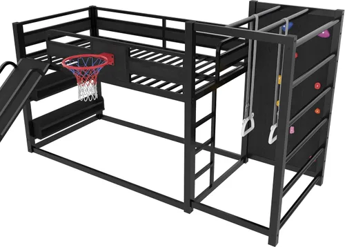 Vista 4 de Cama tipo loft de metal individual con estanterías deslizantes y de almacenamiento, marco de cama de metal resistente con aro de baloncesto, anillos