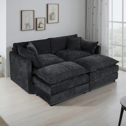 Vista 8 de Setawix Sofá Profundo de 3 Plazas con Otomana, Sofás de Nube en Forma de L de 112.2" para Sala de Estar, Sofá de Nube de Chenilla con Asiento Café
