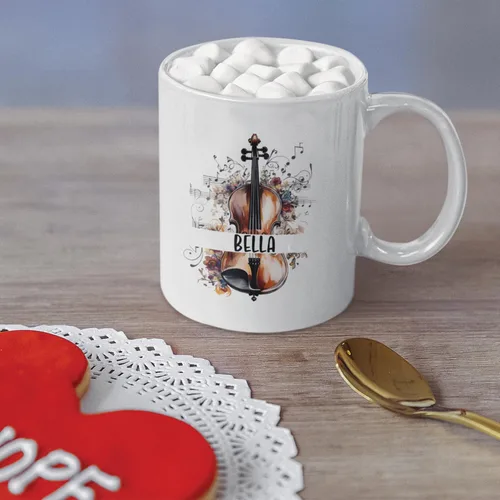 Vista 2 de Taza personalizada para músico 2023, taza de violín personalizada con nombre, violín y notas musicales, taza de cerámica de 11 oz y 15 onzas, taza