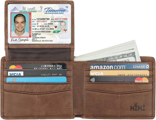 Vista 4 de Cartera de piel auténtica para hombre con bloqueo RFID billetera elegante con 2 ventanas de identificación