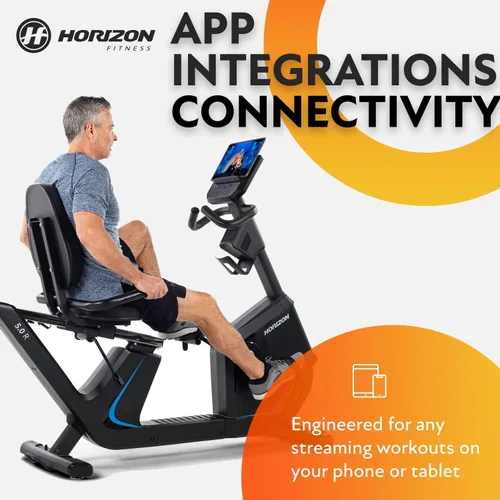 Vista 3 de Bicicleta reclinada Horizon Fitness 5.0R, para fitness y cardio, bicicleta de ciclismo con resistencia magnética y Bluetooth, asiento cómodo