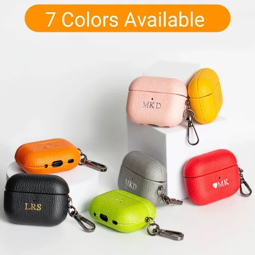 Vista 2 de Funda personalizada con nombre para AirPods Pro, añade tus propias iniciales personalizadas, monograma, funda de lujo de cuero vegano para Air Pods