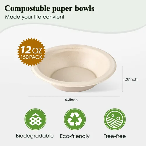Vista 2 de ECOLipak - Paquete de 150 cuencos de papel desechables compostables naturales de 12 onzas para ensalada Resistente, biodegradable, hecho de bagazo