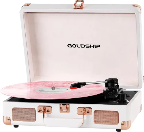 Vista 8 de Tocadiscos de vinilo portátil de 3 velocidades con Bluetooth con batería recargable, diseño retro de maleta, salida de línea Aux in/RCA y puertos