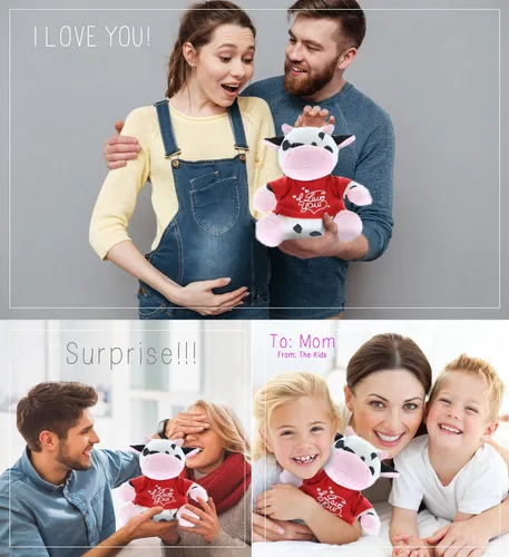 Vista 3 de DolliBu Vaca de peluche con texto en inglés "I Love You", bonito animal de peluche con camisa roja y nombre, regalo personalizado para el día de San