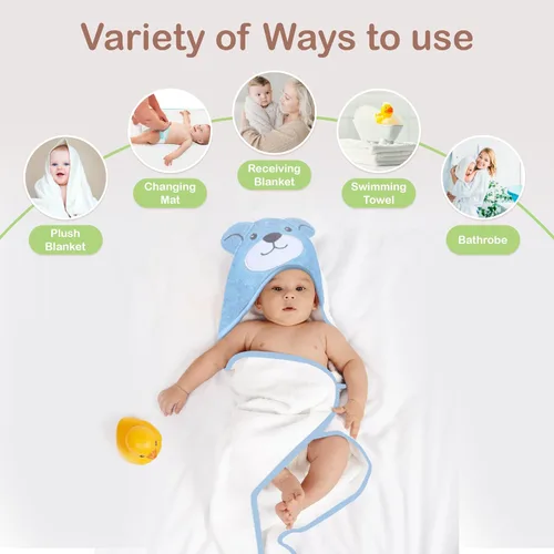 Vista 4 de Mother's Choice - Toallas de bebé 100% algodón orgánico con diseño de oso azul, certificado Oeko-TEX, hipoalergénicas, ultra absorbentes, toalla