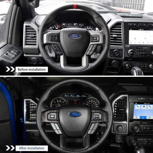 Vista 2 de Voodonala Cubierta de marco decorativo para volante negro con textura de grano para Ford F150 F250 F350 Super Duty 2015 2016 2017 2018 2019 2020