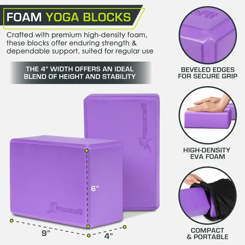 Vista 2 de Bloques de espuma para yoga de ProSource, set de 2, alta densidad, tamaño grande 9 x 6 x 4 pulgadas Púrpura