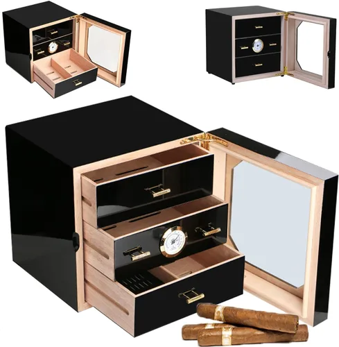 Vista 8 de Humidor de cigarros higrómetro montado en la parte delantera Caja de almacenamiento y humidificador forrado de cedro, acabado de revestimiento negro
