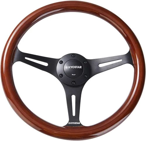 Vista 2 de Volante universal Kyostar de 14 pulgadas, estilo clásico Grant Nostalgia, grano de madera, negro, con botón de bocina