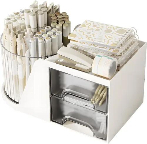 Vista 8 de Soporte de rotación para bolígrafos para escritorio, lindo recipiente para lápices, organizador de escritorio y accesorios para niñas, niños, Beige