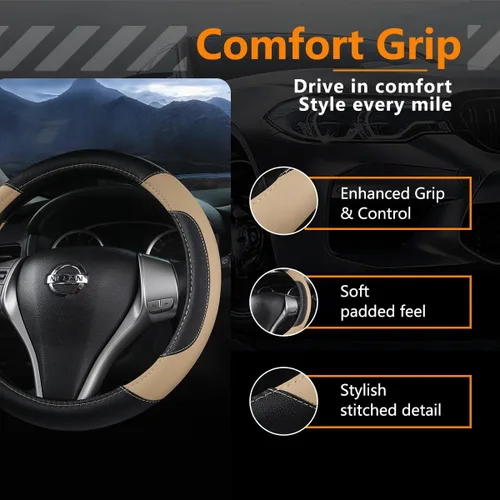 Vista 2 de Funda de cuero para volante de auto, protector antideslizante para volante de auto de cuero de microfibra transpirable, ajuste universal