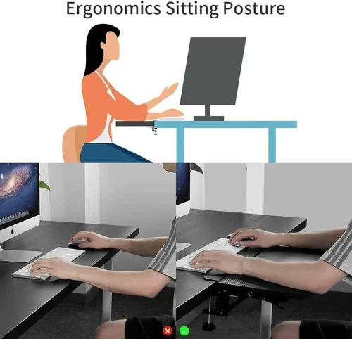 Vista 3 de Extensor de escritorio de 21.65 x 9.45 pulgadas, soporte de brazo plegable ergonómico para mesa de computadora, bandeja de teclado para mesa