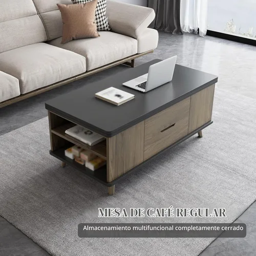 Vista 7 de Mesa de centro elevable con 4 taburetes de poliuretano, mesa de centro clásica de color negro con contraste marrón que se convierte en mesa