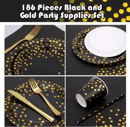 Vista 3 de Sylken Juego de vajilla de fiesta de 186 piezas en negro y dorado - 25 invitados, platos de papel, servilletas, vasos de papel y vajilla