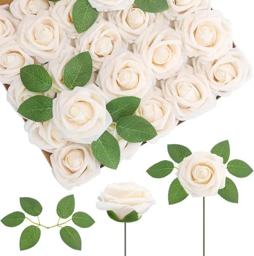 Vista 32 de 25 rosas realistas negras, flores artificiales de espuma de látex con tallos flexibles y 8 hojas para decoración de bodas, hogar y fiestas Negro