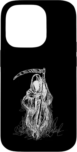 Vista 17 de iPhone 16 Halloween Grim Reaper Ghost with Scythe, Hand Sketch Case