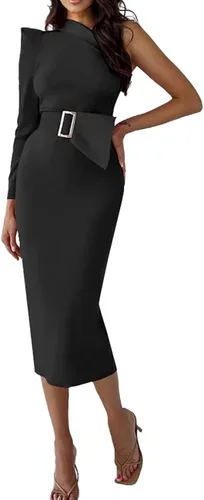 Vista 4 de Rooscier Vestido midi elegante de manga larga con cinturón y un hombro descubierto para mujer