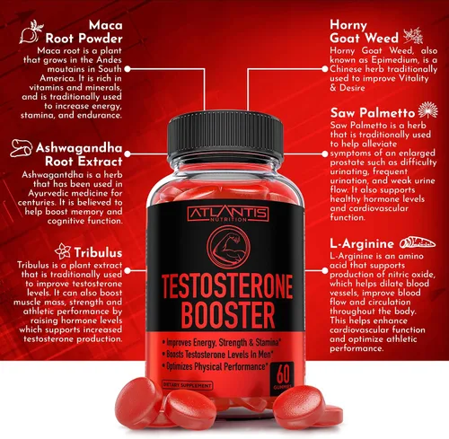 Vista 4 de Atlantis Nutrition Gomitas potenciadoras de testosterona para hombres, mejora la fuerza y la resistencia, optimiza el rendimiento y la mejora