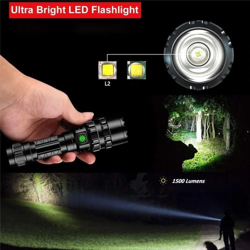 Vista 6 de Linterna táctica con montaje en riel, linterna LED recargable, luz de antorcha súper brillante, 5 modos, impermeable, interruptor de presión