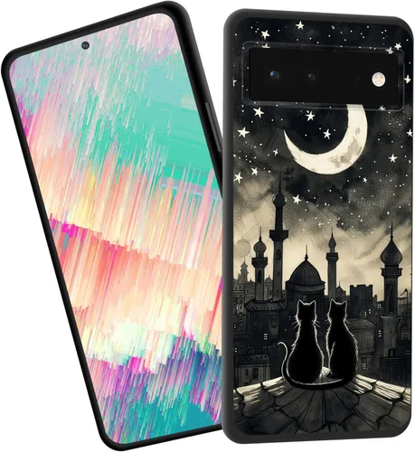 Vista 43 de Funda delgada para Google Pixel 4 XL, funda delgada de silicona de TPU suave a prueba de golpes para Google Pixel 4 XL, gato negro luna estrellada