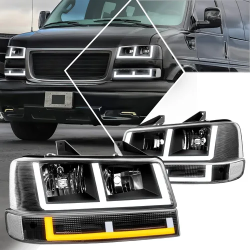 Vista 9 de PM PERFORMOTOR [4 piezas] Faros LED DRL en forma de E + lámparas de parachoques compatibles con Chevy Express 03-24/GMC Savana, carcasa