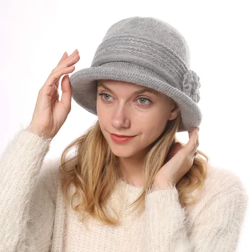 Vista 42 de C-US - Gorro de punto cálido para mujer, con visera de ganchillo con acento de flores